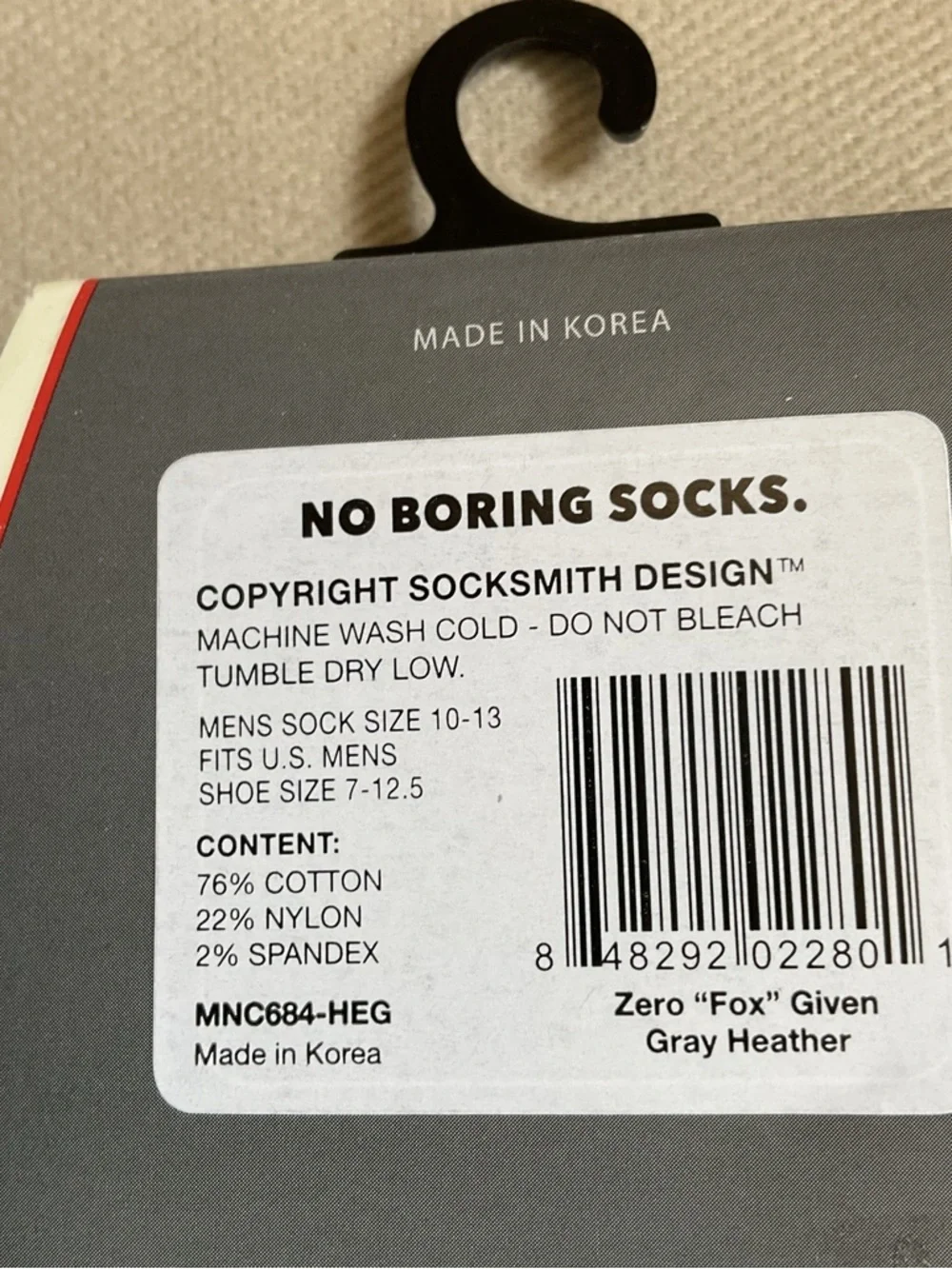 SockSmith Zero 🦊 Given Gray Heather Graphic Cotton Crew Men’s Sock Size 10-13